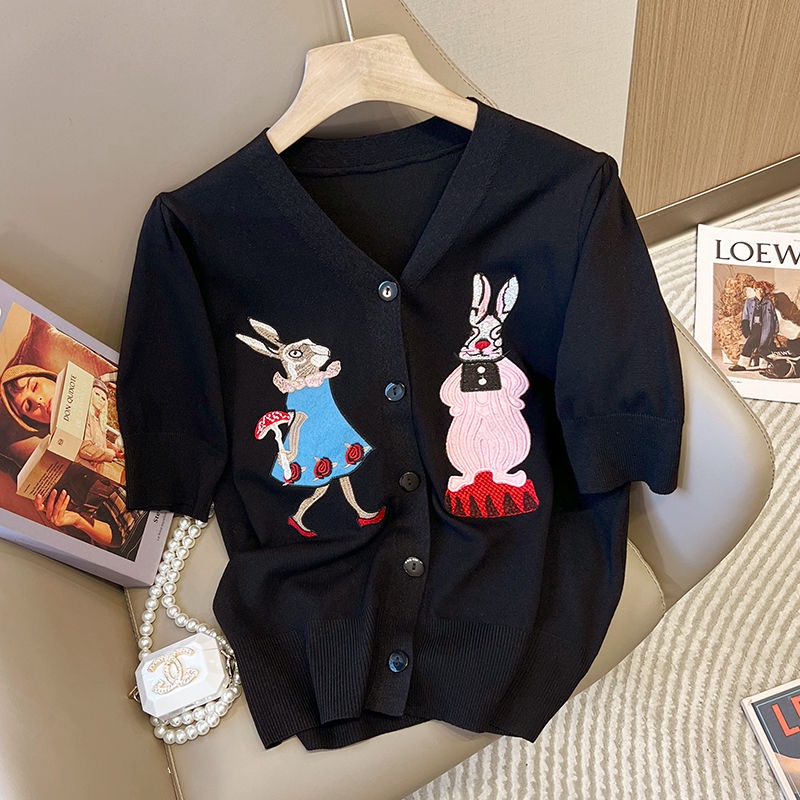 Áo Khoác Cardigan Dệt Kim Tay Ngắn Cổ Chữ V Thêu Hình Chú Thỏ Xinh Xắn Cho Nữ  tao bao