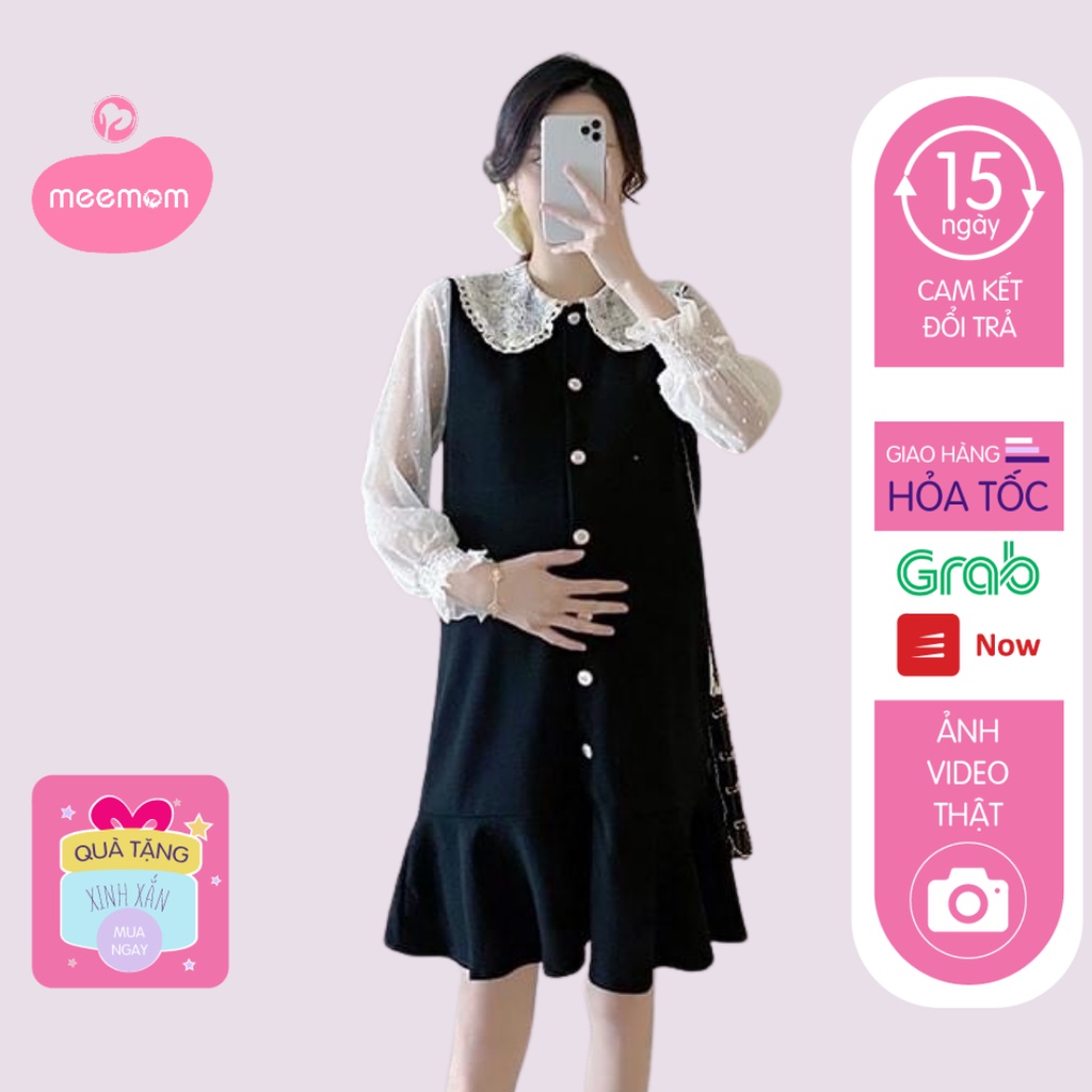 Váy bầu thiết kế công sở - đầm bầu sang chảnh cổ bèo ren đuôi cá có HD11 - Meemom