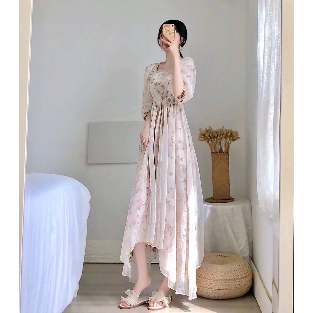 Đầm Voan Hoa Cổ Vuông Lưng Cao Dáng Dài Size S~3XL Thời Trang Retro Cho Nữ