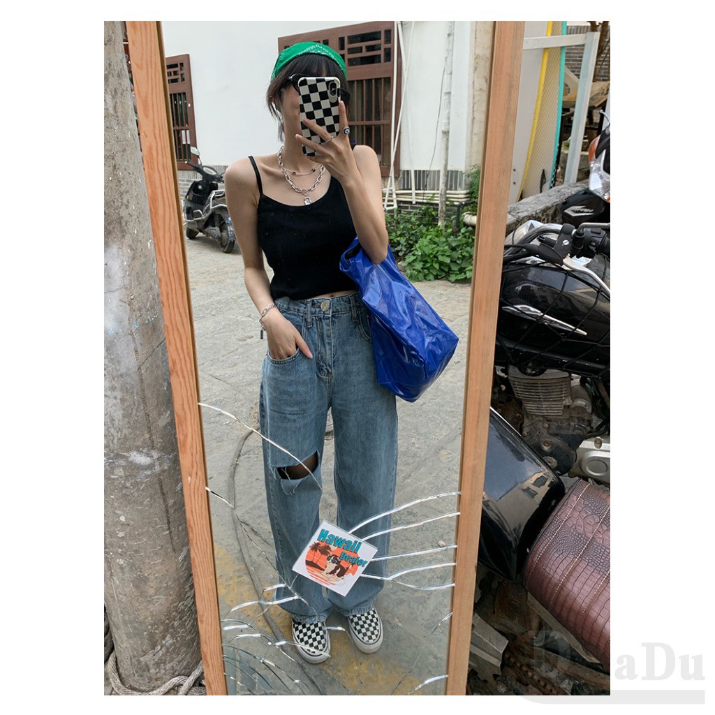 Quần Jeans Dài Phối Vết Rách Cá Tính Thời Trang Nữ