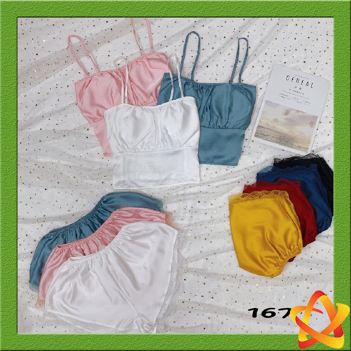 Đồ ngủ sexy nữ Freeship Đồ ngủ sexy nữ áo có mút quần đùi lụa satin Freesize dưới 60kg