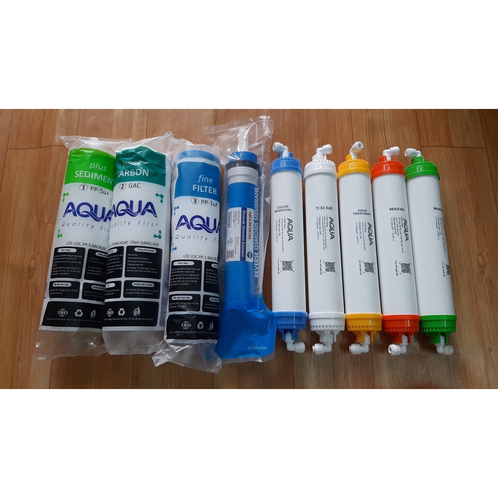 COMBO 9 LÕI LỌC AQUA TỪ 1 ĐẾN 9 .GỒM LÕI LỌC 123.MÀNG RO AQUA,LÕI KHOÁNG 56789