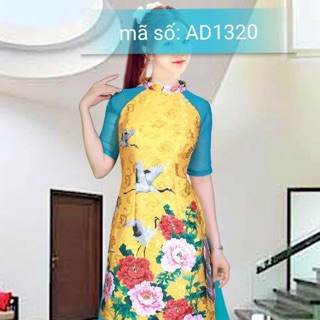 Có 2XL - Set Áo Dài Cách Tân gấm cổ đứng in hoa mẫu đơn tay lỡ kèm váy