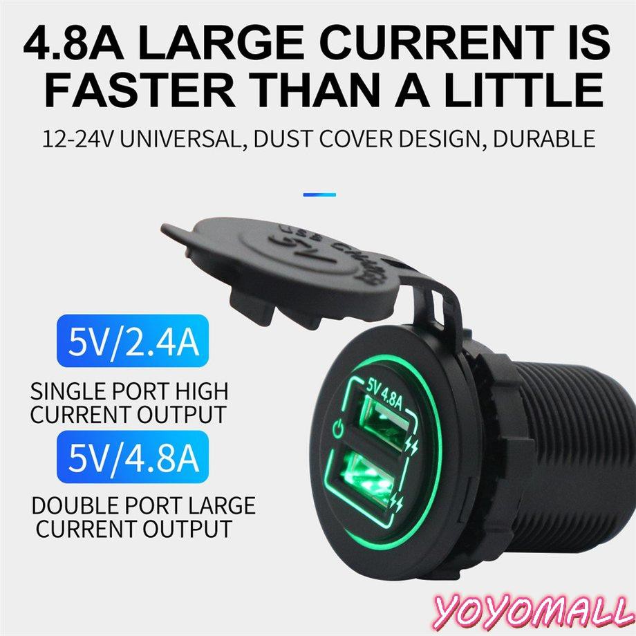 YOYO Dual Port Input USB Car Charger Socket 4.8A 5V Green Light Touch Button Switch