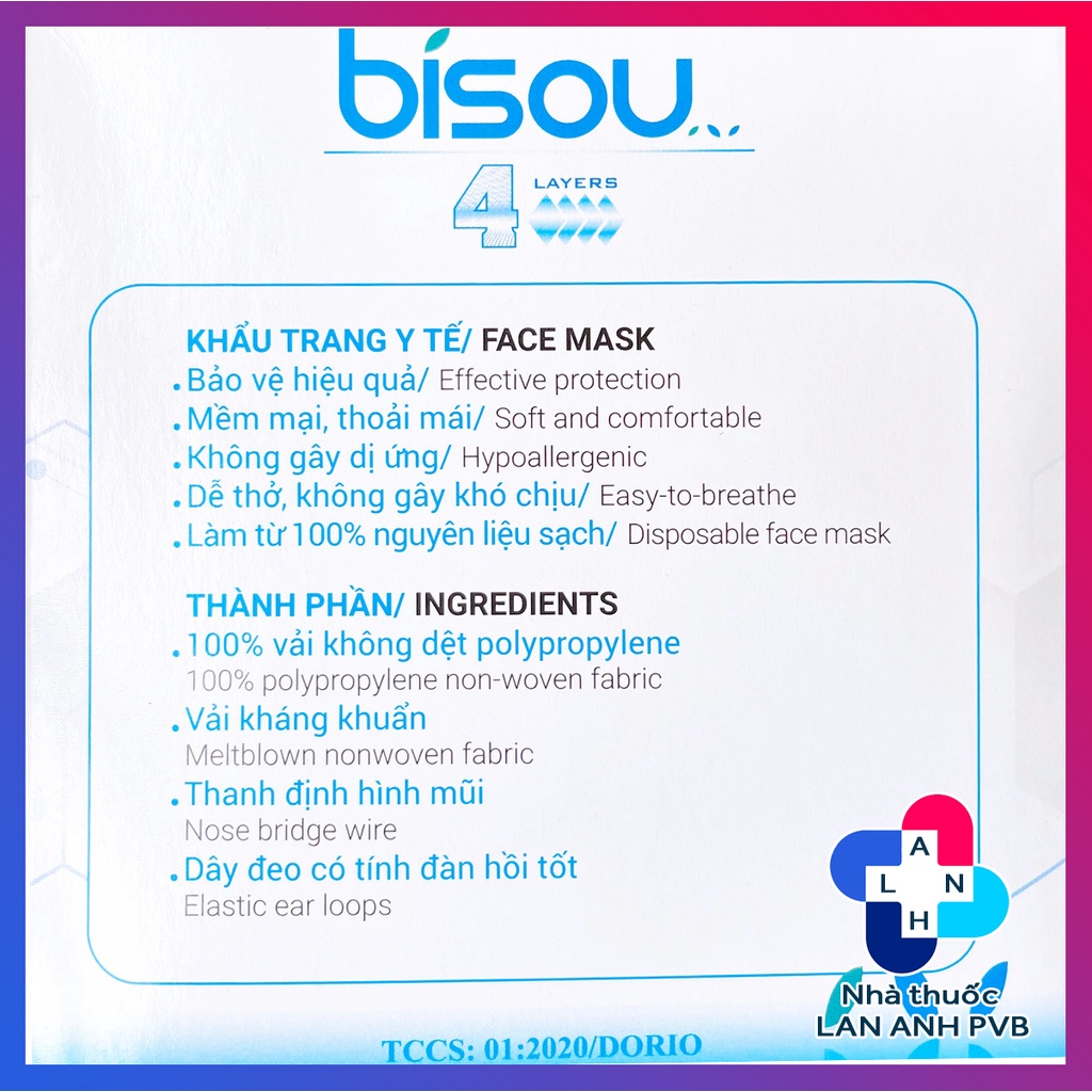Khẩu trang y tế đủ màu 4 lớp BISOU .