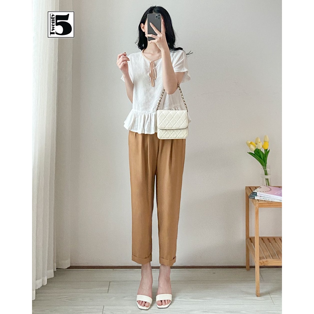 Quần baggy nữ công sở cạp cao bo gấu gập Twentyfive N631