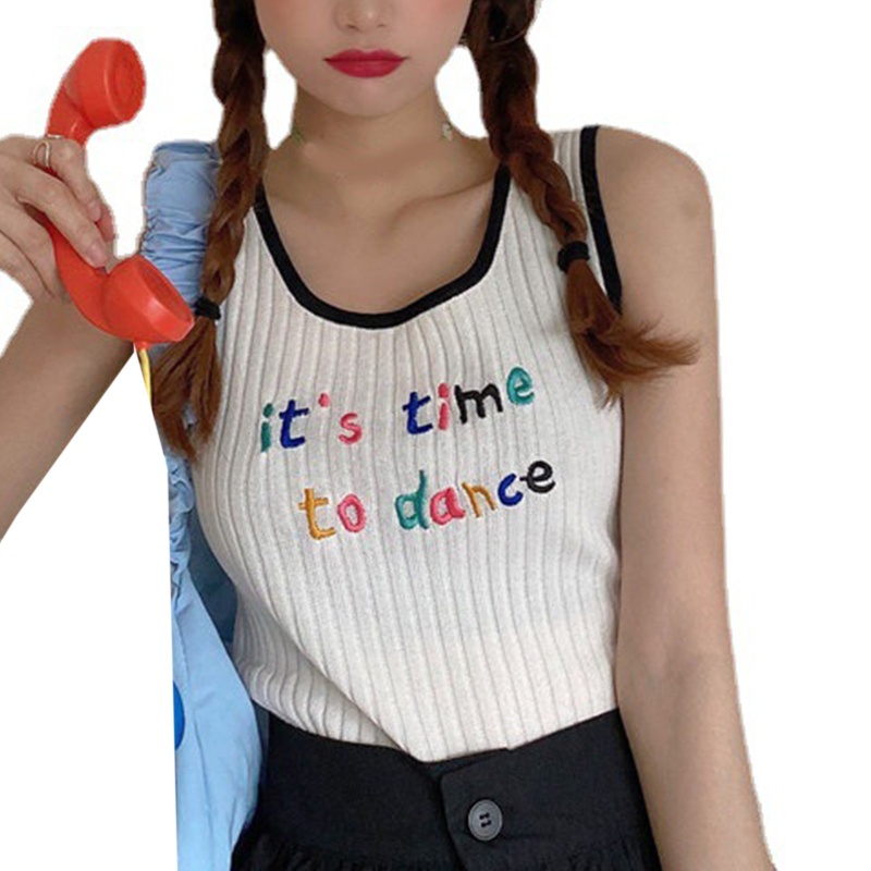 Áo Croptop Dệt Kim Không Tay Thêu Chữ Nhiều Màu Sắc Dễ Thương Cho Nữ