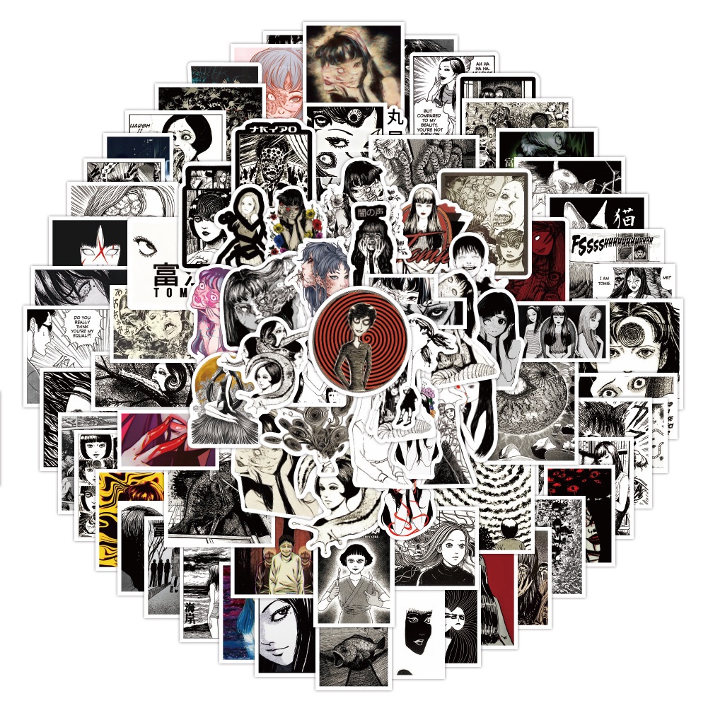 Set 100/50 Nhãn Dán Họa Tiết Truyện Tranh Kinh Dị Nhật Bản Màu Trắng Đen Trang Trí Hành Lý/ Ván Trượt/ Laptop