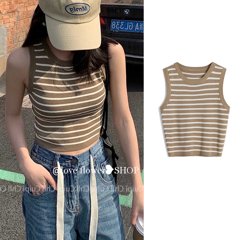 Áo Thun Croptop Ngắn Tay Họa Tiết Kẻ Sọc Thời Trang Cho Nữ