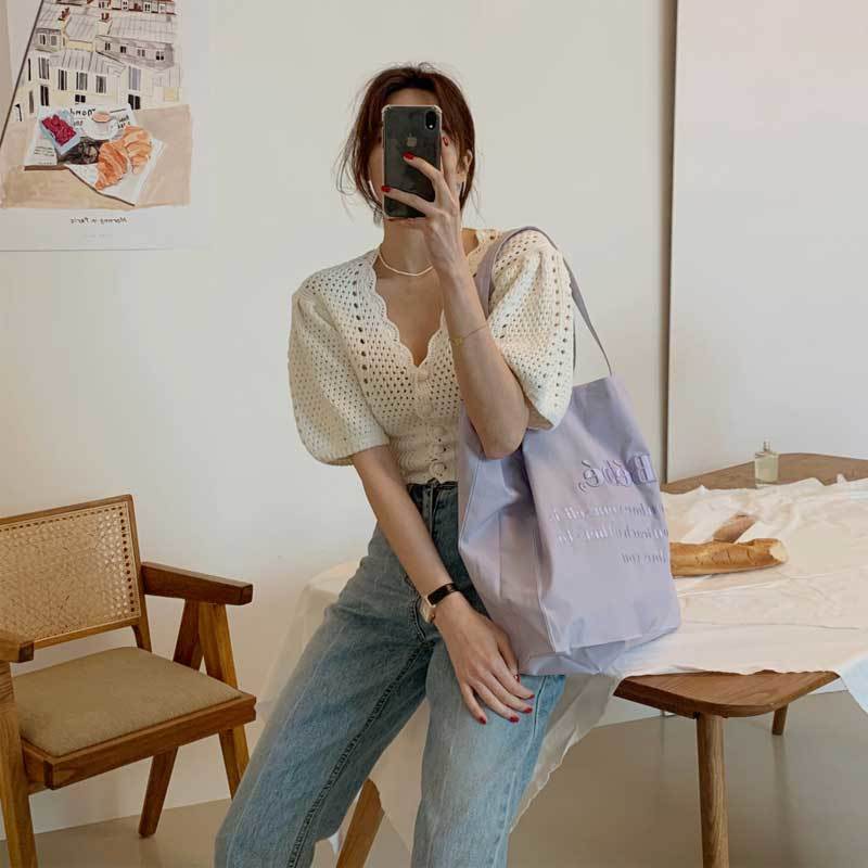 Áo Dệt Kim Tay Phồng Ngắn Cổ Chữ V Thời Trang Mùa Hè Hàn Quốc