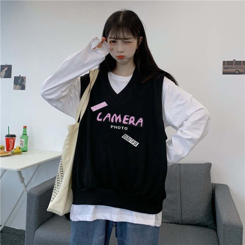 Áo Gile Jacket Women's Fashion Student Loose Korean V-neck Vest Women's Sleeveless Sweater Vest