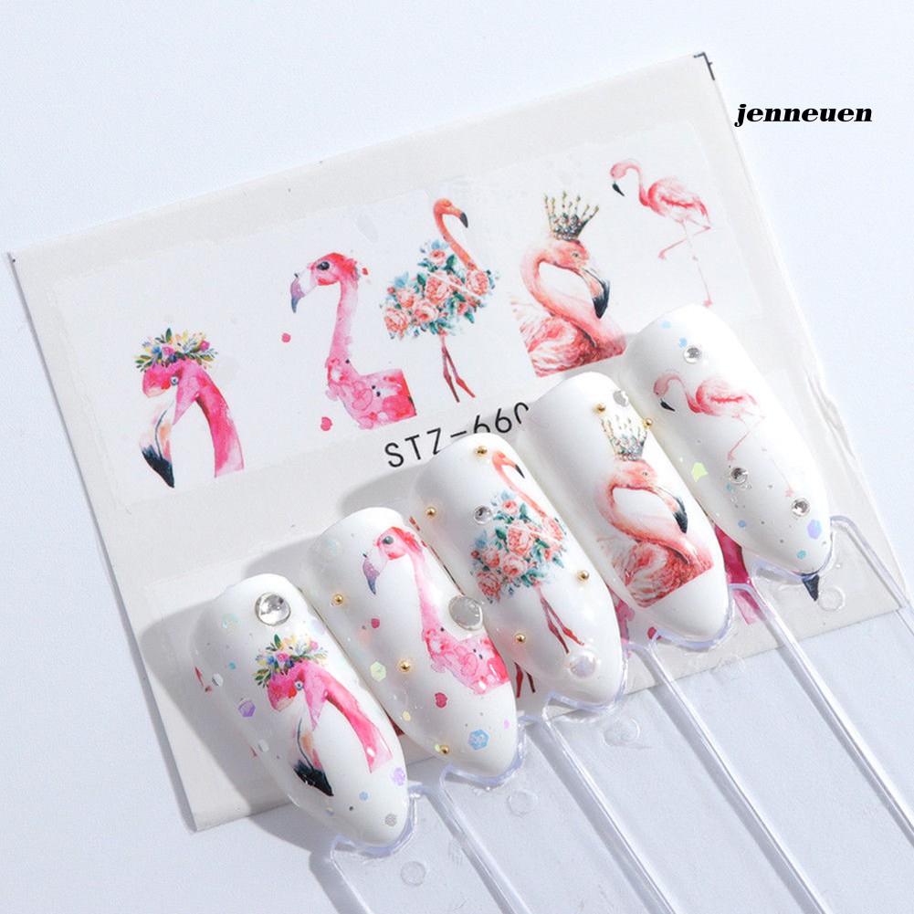 [Hàng mới về] Bộ 15 tờ miếng dán trang trí móng tay nghệ thuật chuyển nước họa tiết hoa và chim hồng hạc xinh xắn
