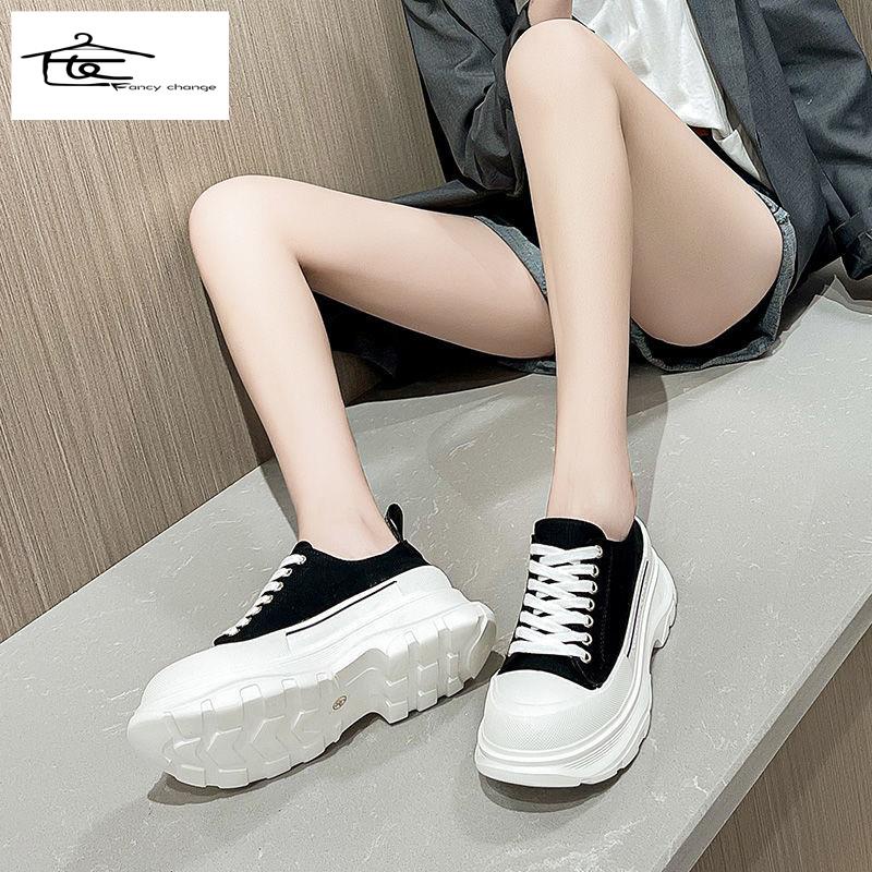 Giày vải bạt đế dày tăng chiều cao màu trắng phong cách hè thu McQueen-2022