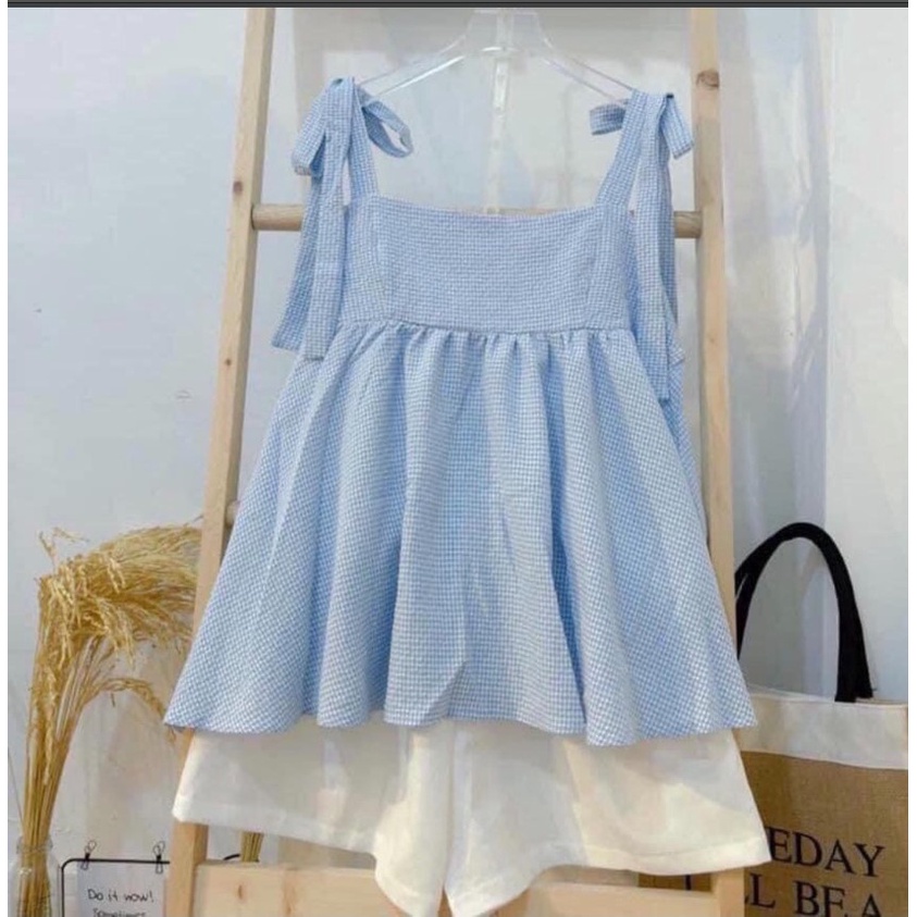 [RẺ VÔ ĐỊCH] Sét đồ nữ gồm áo babydoll nữ caro xanh+ quần đũi trắng