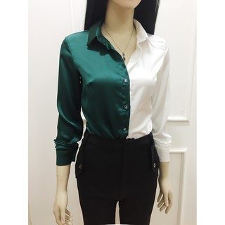Áo sơ mi lụa tay dài💖Freeship💖Áo công sở nữ tay dài pha màu xanh trắng