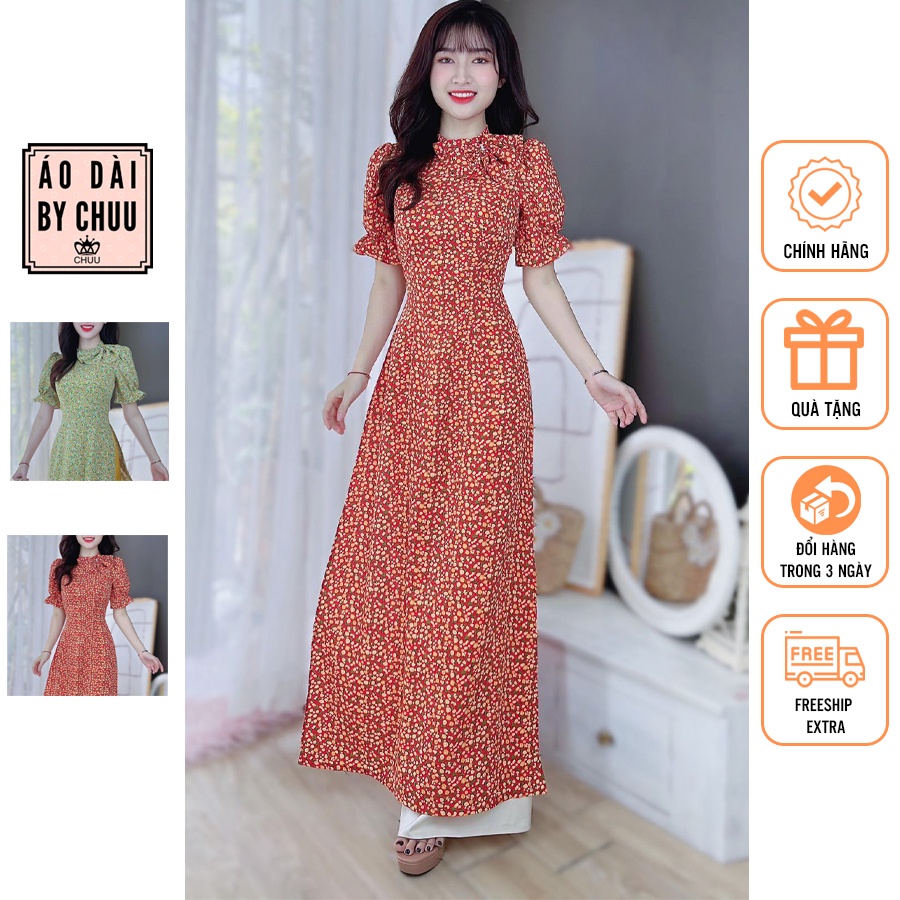 Áo dài nữ cách tân họa tiết hoa nơ lệch không kèm quần CHUU AD8024