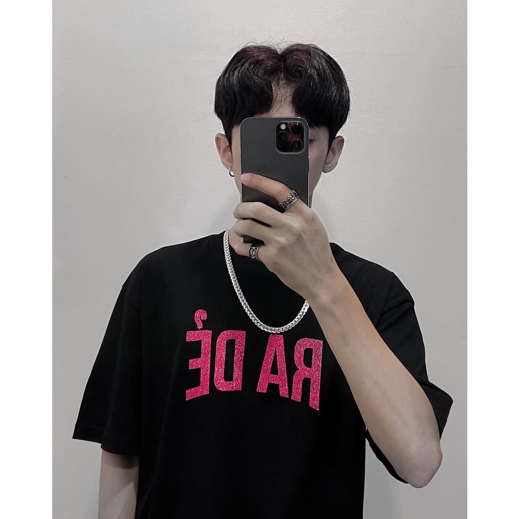 Áo thun Unisex Trouve RA DẺ in nhũ hồng kim tuyến cotton 100% oversize