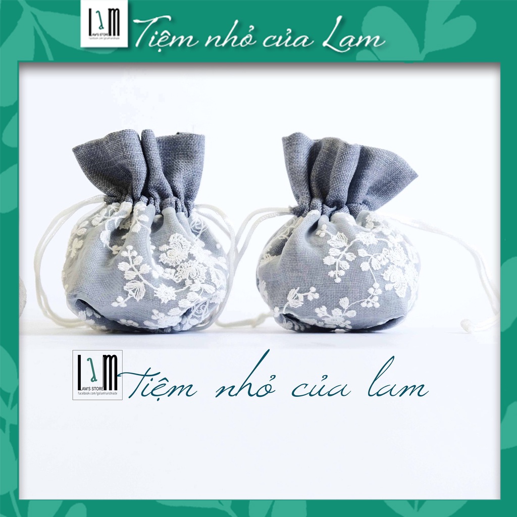 Túi vải rút nhỏ , Túi mini linen hai lớp thêu hoa đựng tai phone