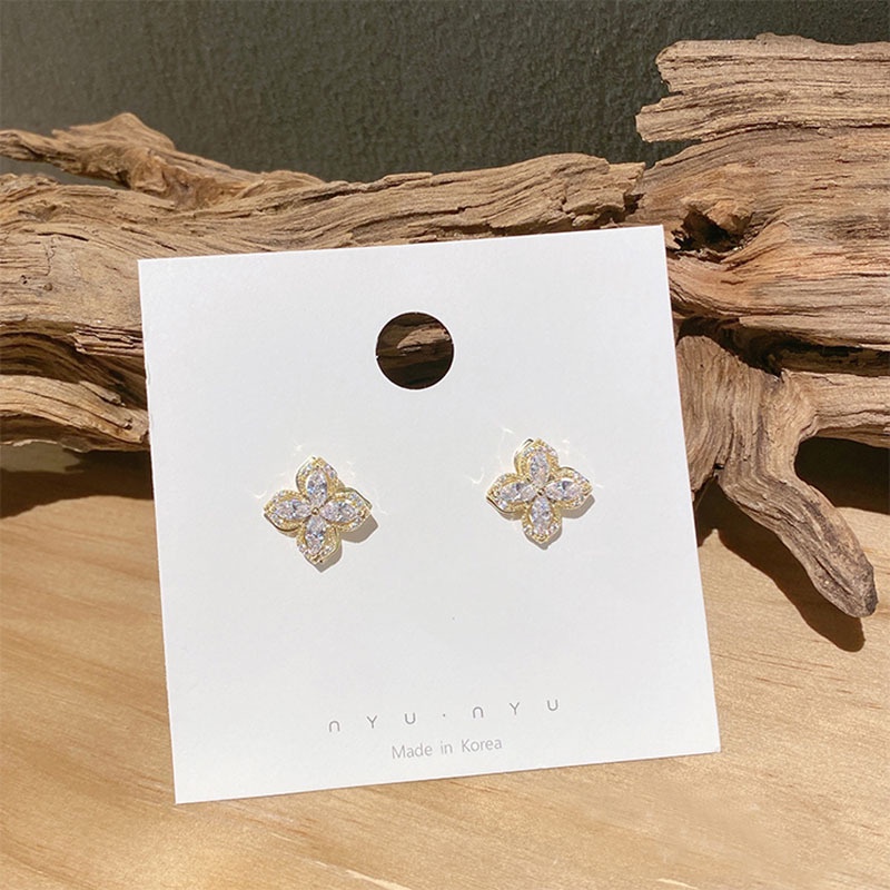 Khuyên tai bằng bạc 925 hình hoa đính đá giả đơn giản phong cách thời trang hàn quốc