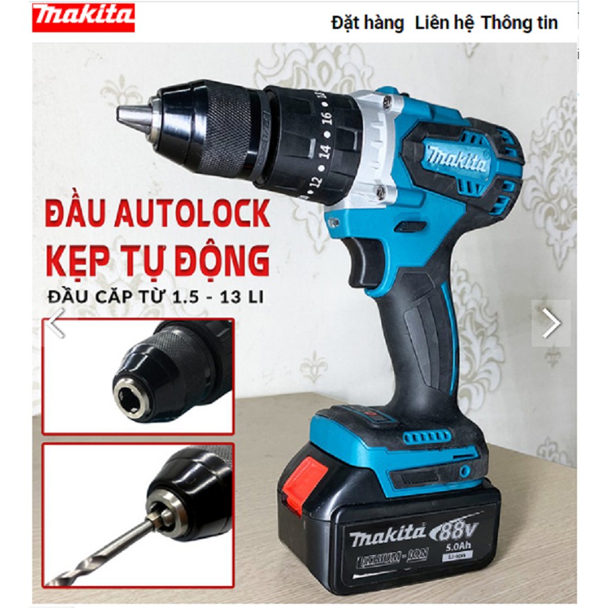 Máy Khoan Pin Makita 88V Không Than Có Búa, Pin 10 CELL AutoLock 13 Ly - Bắt Vít, Siết Bulong