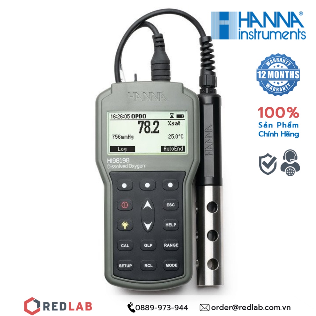 Máy đo oxy hoà tan Hanna Dạng quang học thế hệ mới Điện Cực Cáp 10m HI98198/10 {hàng chính hãng, bảo hành 12 tháng}
