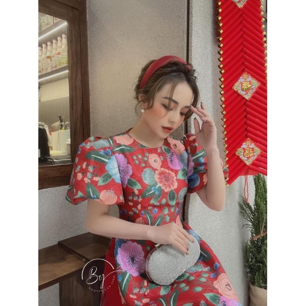 Sale_Áo dài gấm xốp tăm hoa tay phồng_ có bigsize