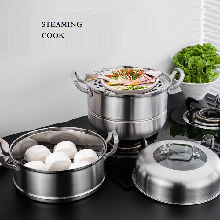 Nồi hấp 3 tầng bằng inox 304 hàng cao cấp rộng 28cm có thể dùng trên bếp từ, hồng ngoiaj và bếp ga có nắp vung đậy kín