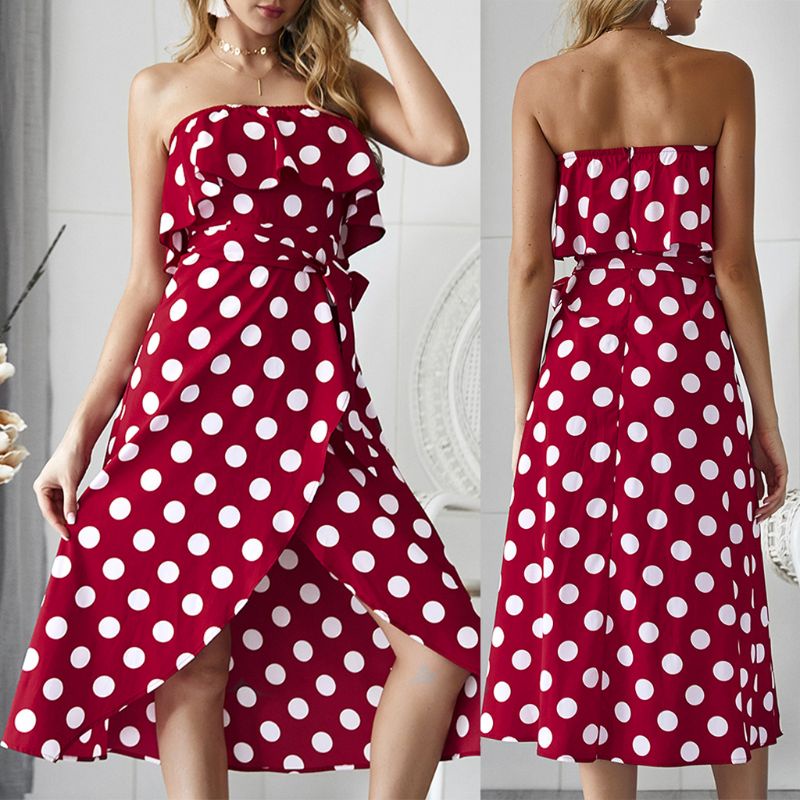 Xiangbao Đầm Midi Hai Dây Nhún Bèo Họa Tiết Chấm Bi Mùa Hè Cho Nữ