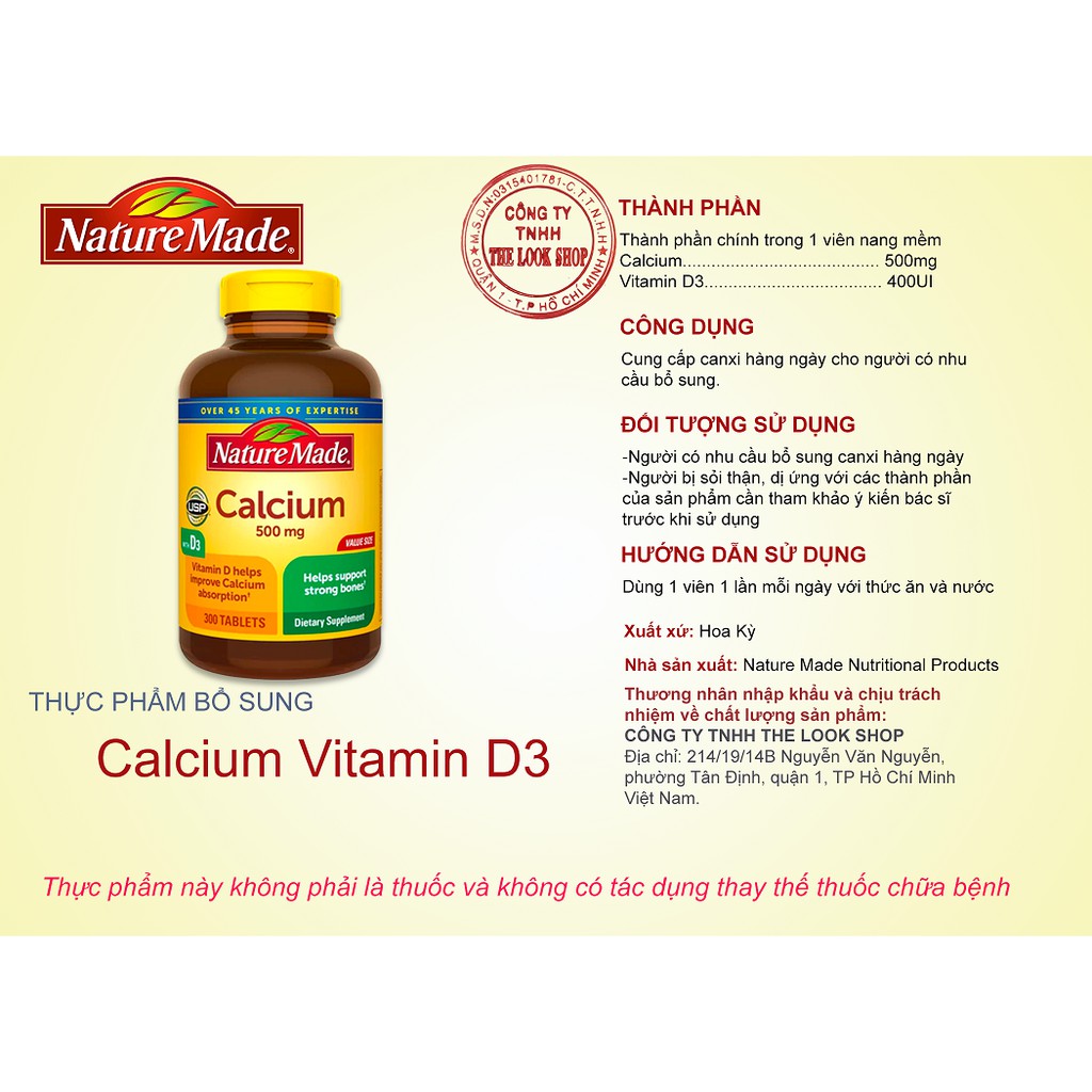 USA- Viên uống Calcium D3 500mg Nature Made 300 viên