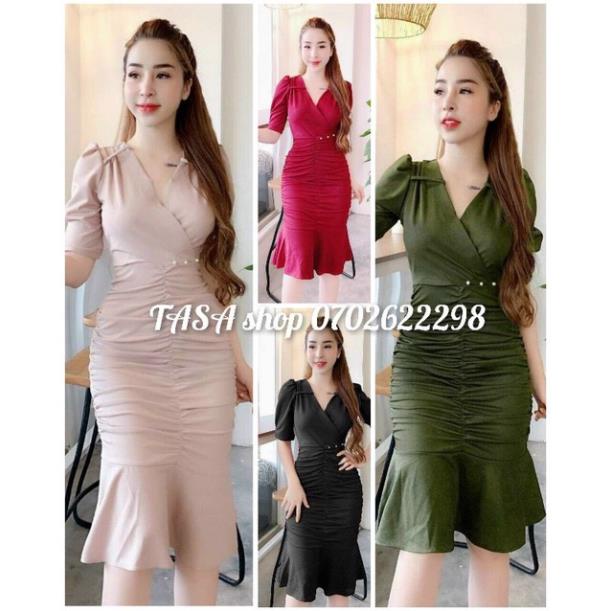 TSL-Ảnh thật đầm đuôi cá tay lỡ cổ chéo v dự tiệc nude đen đỏ xanh