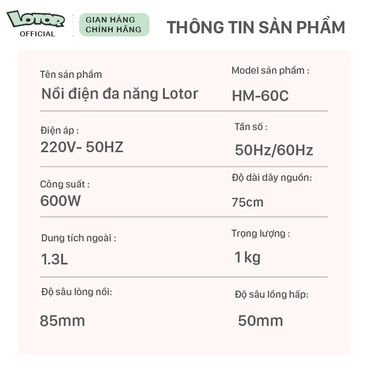 Nồi điện đa năng 1.3L LOTOR HM-60C - Bảo Hành 12 tháng - Bản Nội Địa Trung