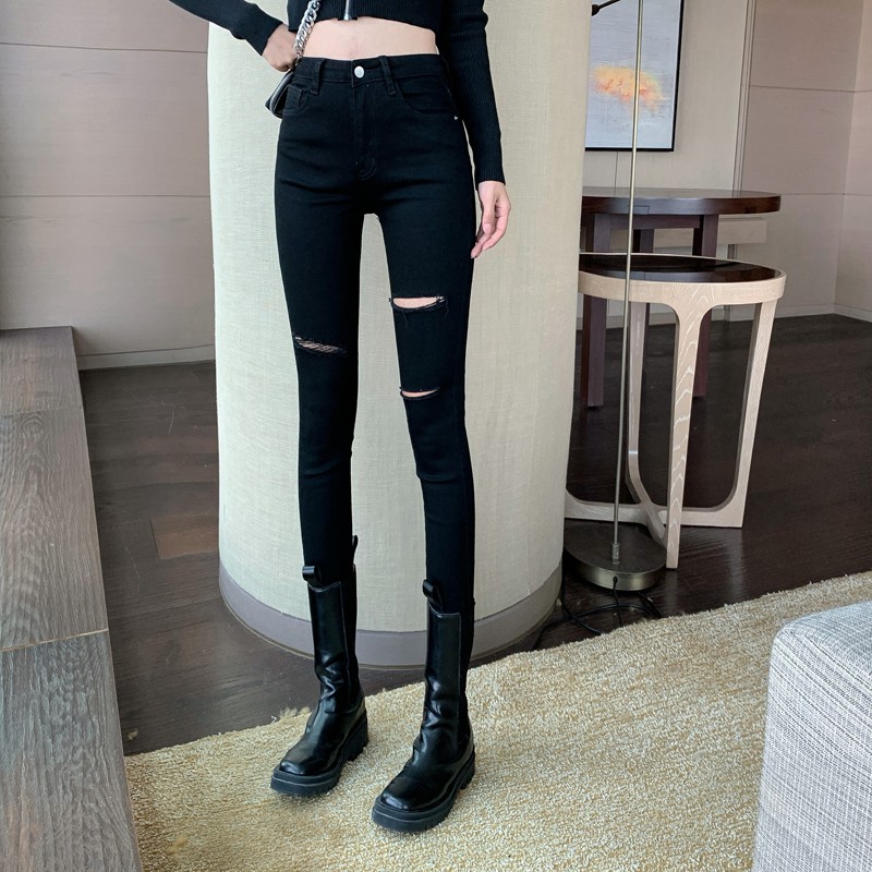 QUẦN SKINNY JEAN NỮ GIÃN DÀI LƯNG CAO RÁCH SỌC ĐÙI PHẢI 2 SỌC ĐÙI TRÁI MÀU ĐEN CAO CẤP NITI2 ĐỦ SIZE CHẤT BÒ GIÃN HOT