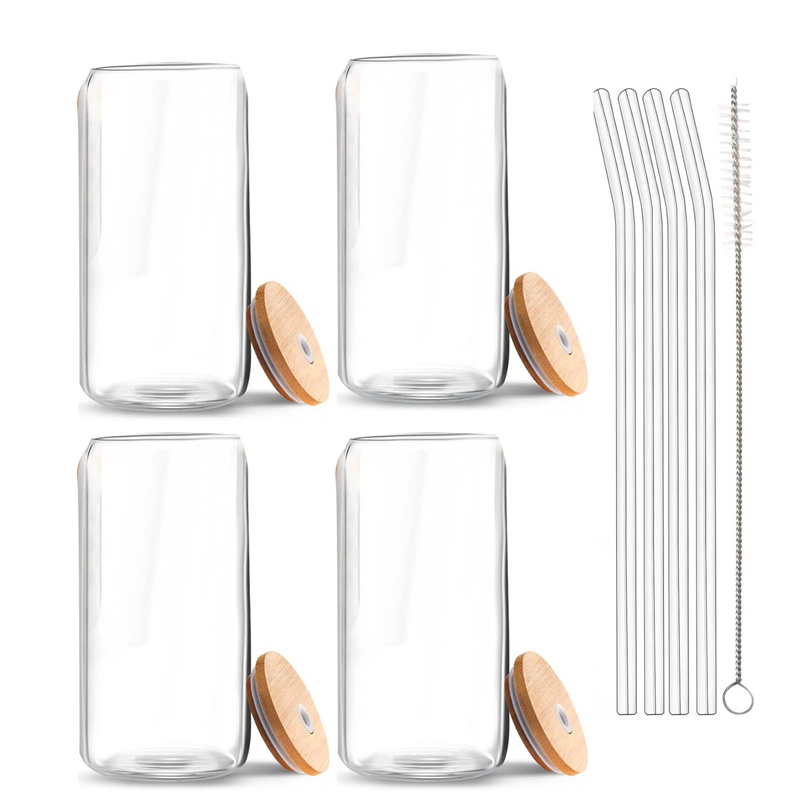 Bộ 4 Ống Hút Thủy Tinh 16Oz Có Nắp Đậy Và Ống Hút Hình Dạng Ngộ Nghĩnh