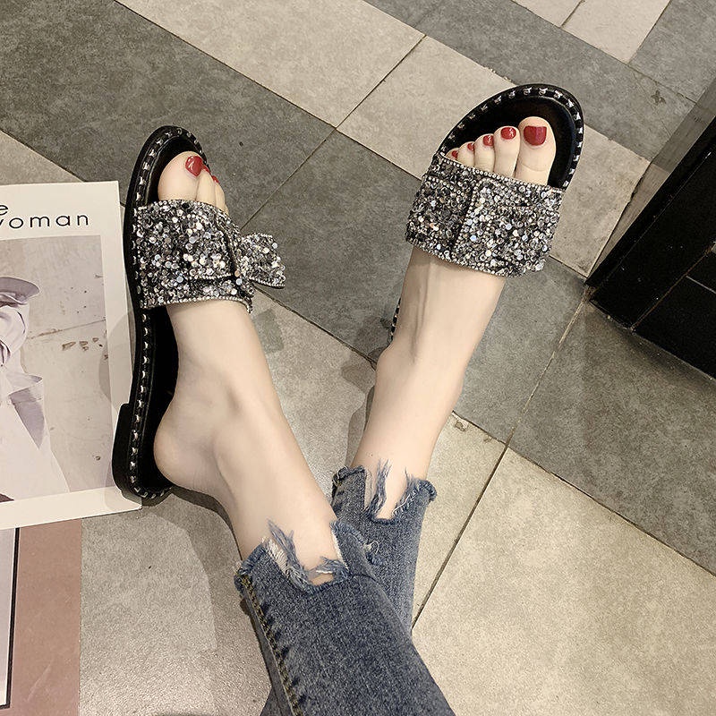 Dép đế xuồng đính nơ và ngọc trai thời trang Hàn Quốc cho nữ