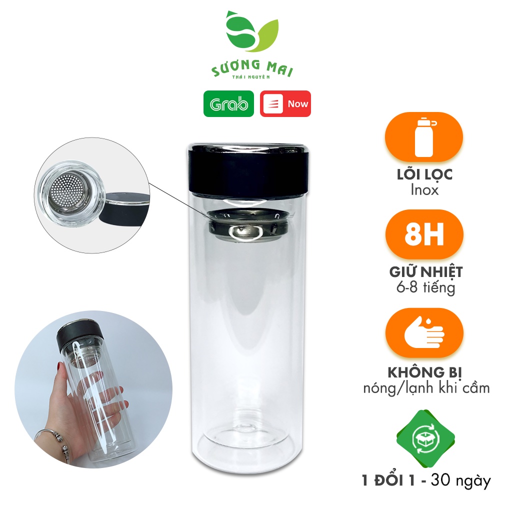 Bình Giữ Nhiệt Thủy Tinh Pha Trà SƯƠNG MAI 2 Lớp 360ml -SM00197