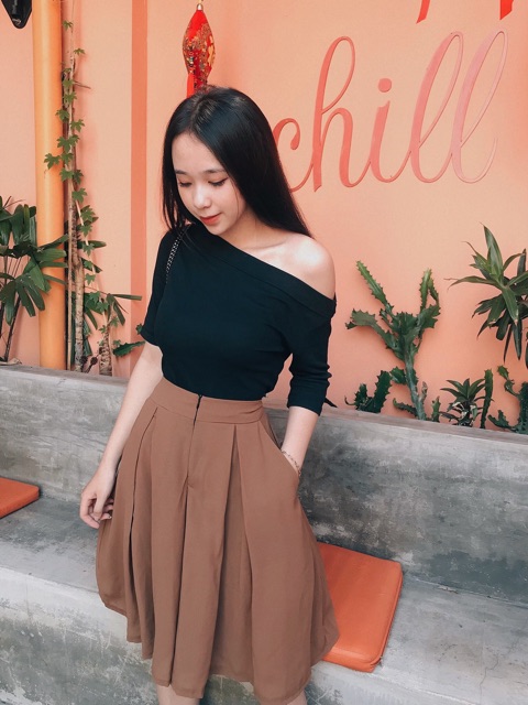 Quần váy midi ống rộng, phối thun sau lưng, kèm hình thật