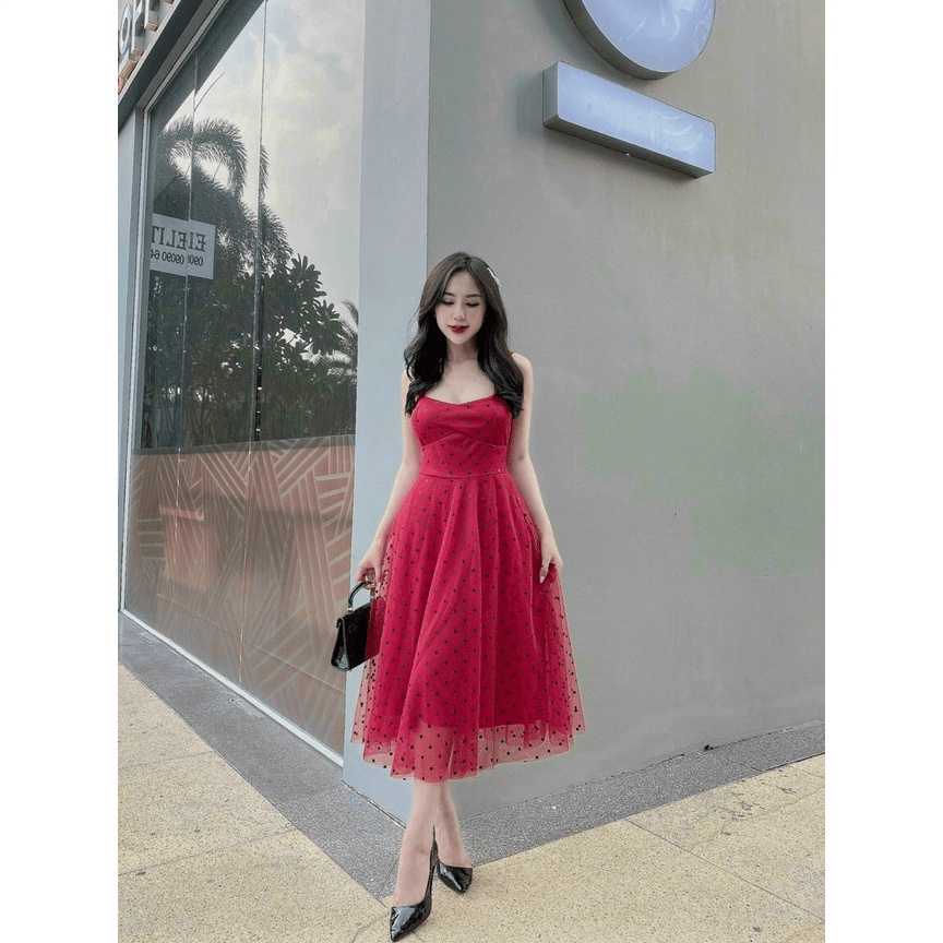 Đâm tiểu thư nữ, đầm hai dây cúp ngực chấm bi phối lưới ôm eo dáng dài có mút đi tiệc sang trọng dx