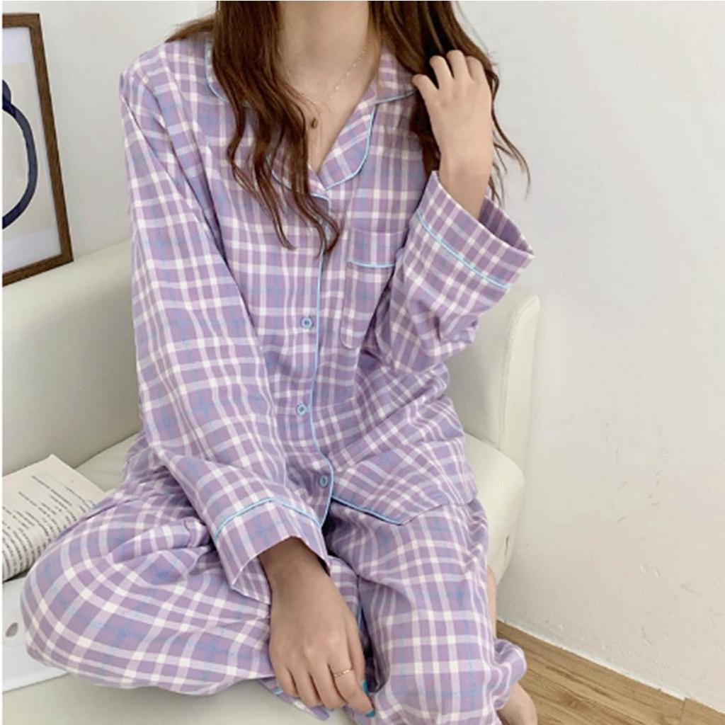 Babyfair. Bộ đồ ngủ Pijama cotton thô dài tay họa tiết kẻ phong cách Hàn Quốc