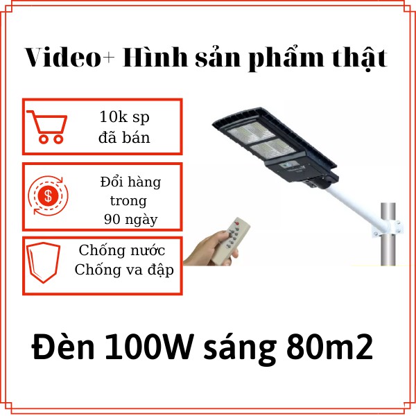 [ĐỔI HÀNG TRONG 90 NGÀY]Đèn năng lượng mặt trời liền thể Viti Smart 100W phù hợp diện tích 80m2 chống nước chống va đập