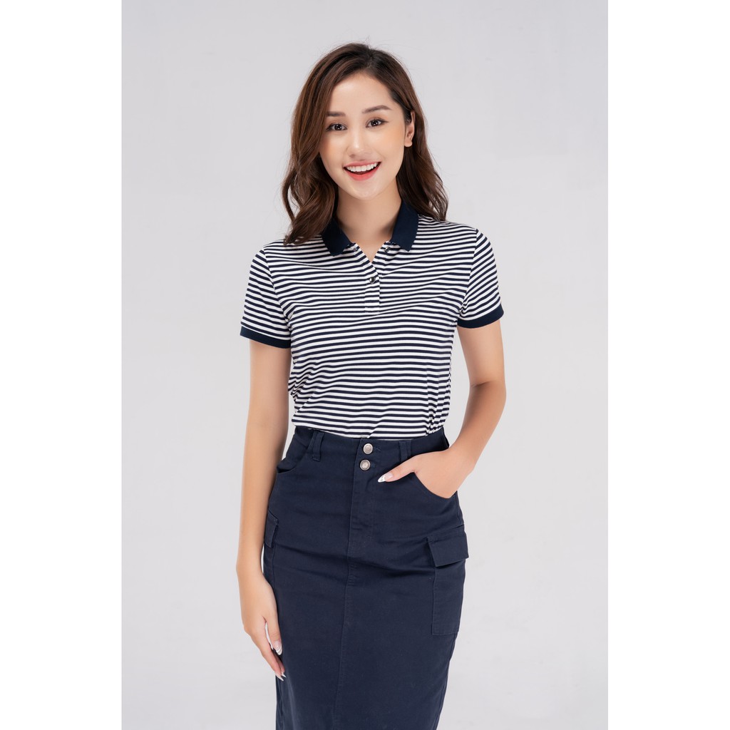 Áo polo nữ kẻ melange thương hiệu YODY dáng basic chất cotton - APN4172