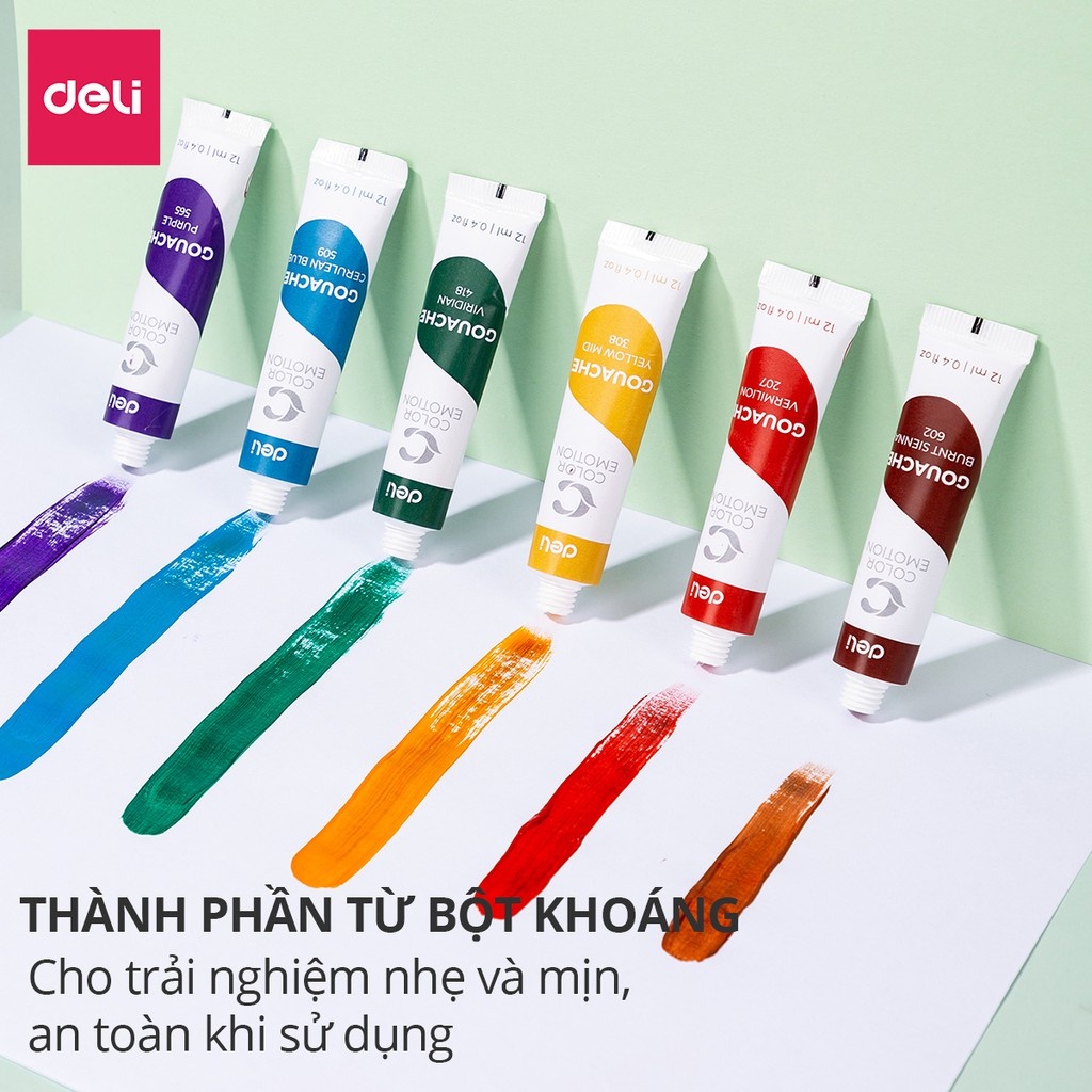 Màu nước pha keo Gouache dạng tuýp 12ml Deli - màu nước vẽ tranh - phù hợp với vẽ cơ bản- 5/12/24 màu - 1 hộp - EC11