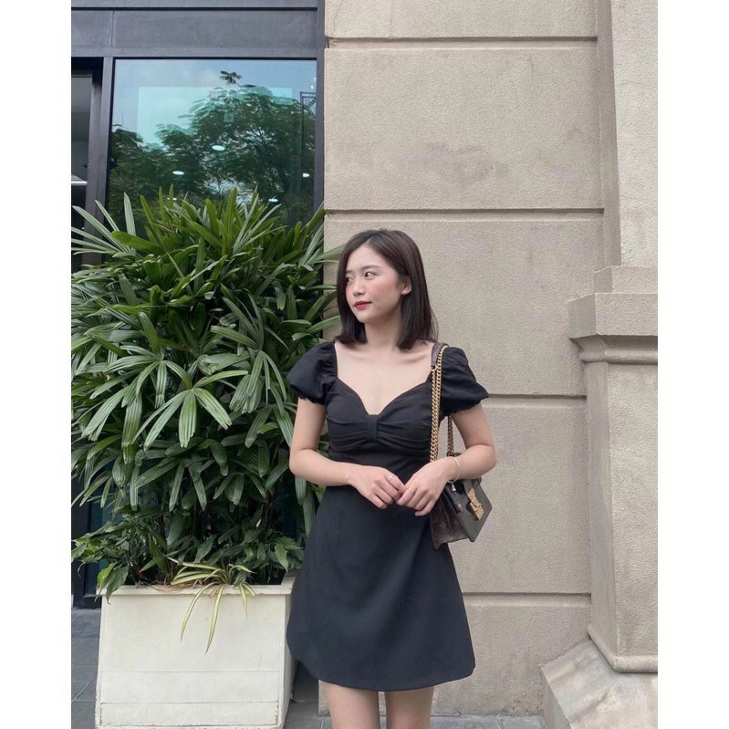 ĐẦM ĐEN NƠ LƯNG tay ngắn - NAMI DRESS - cúp ngực nơ - dáng chữ A - BomBom shop