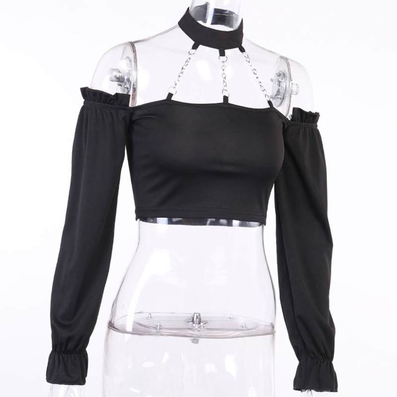 Áo croptop tay dài trễ vai phối dây xích thời trang quyến rũ cho nữ