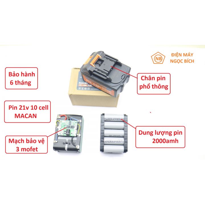 Pin Máy Khoan 21V MACAN 10 CELL  dụng lượng cao 2000amh Chân pin thông dụng