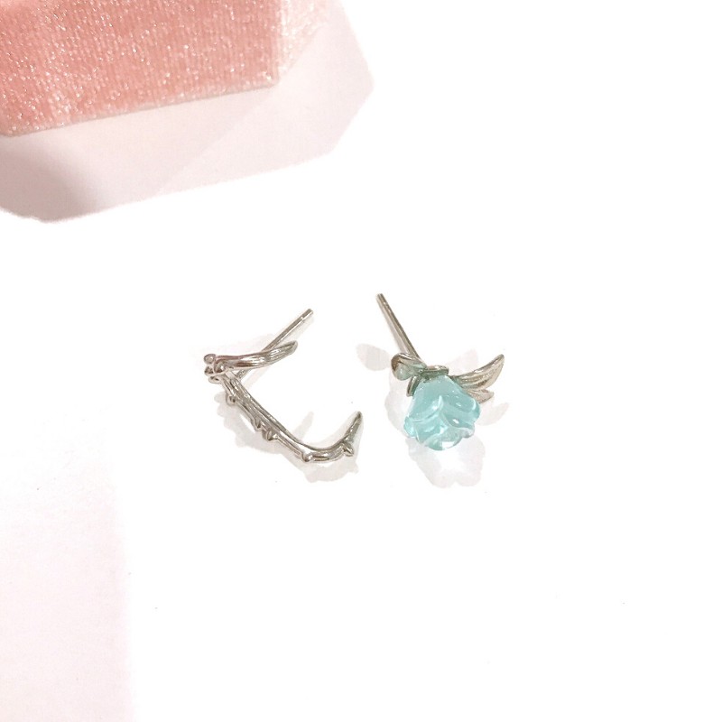 Bông Tai Bạc S925 Hoa Hồng Xanh Blue Rose Bất Đối Xứng Xinh Xắn | Khuyên Tai Nữ Trang Sức Bạc Thời Trang