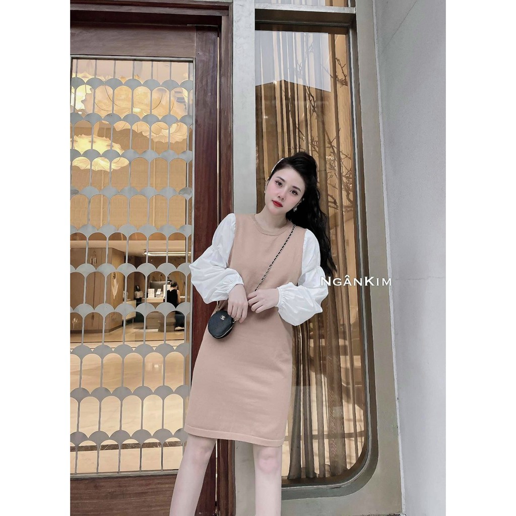 Đầm suông nữ phối tay trơn vai bồng 2 màu chất đẹp | BigBuy360 - bigbuy360.vn