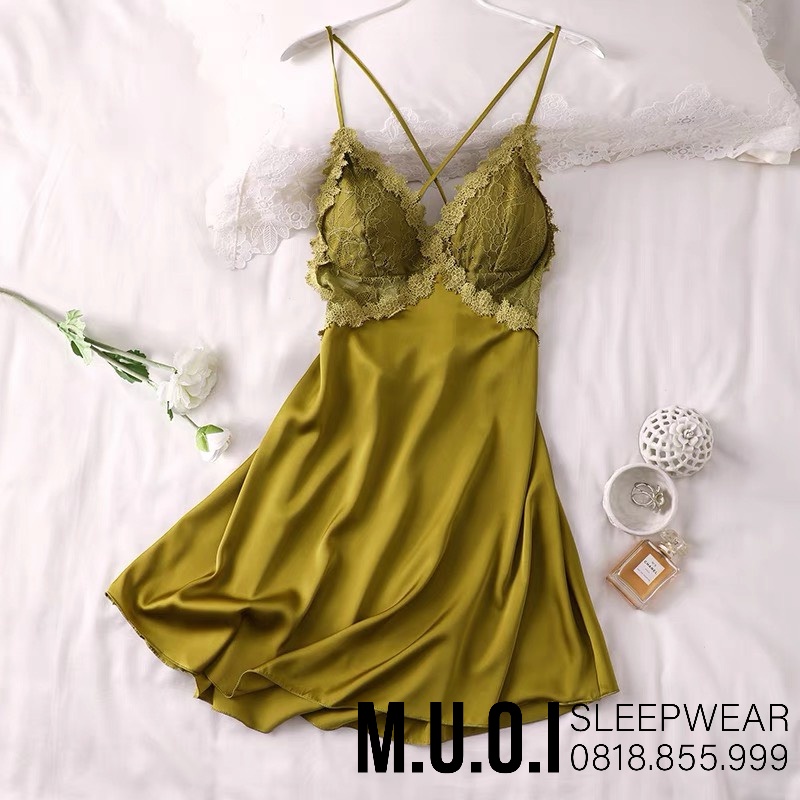 [FREESHIP] Váy ngủ sexy QUẢNG CHÂU-SX 063 -Váy ngủ lụa phối ren ngực đan dây lưng QUẢNG CHÂU  - hàng có sẵn( video+ ảnh)