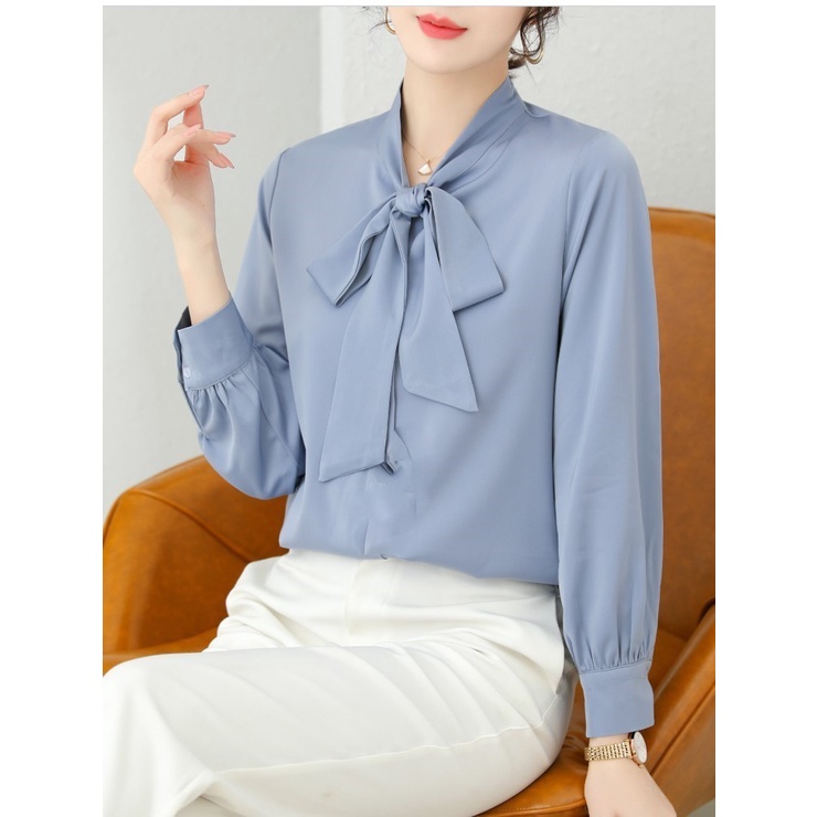 Áo Sơ Mi Kiểu Công Sở Đẹp CHIPY Tay Dài Cổ Thắt Nơ Màu Xanh Chất Lụa Cao Cấp From Rộng Hàn Quốc Ulzzang Vintage A1X | BigBuy360 - bigbuy360.vn