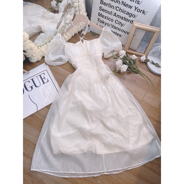 ĐẦM KEM MIDI CHÉO DÂY CỔ TAY BO