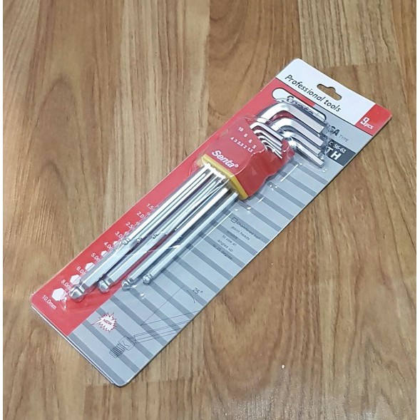 BỘ LỤC GIÁC ĐẦU BI 9 MÓN THÉP MỜ Vỉ Nhựa Màu Đỏ Gấp Gọn